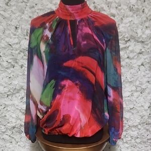 New York & Company Red and Pink Graphic Long Sleeve Blouse